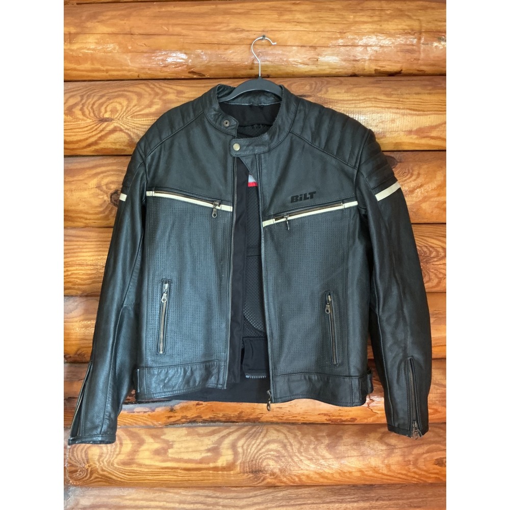 BILT Mens Black Leather Perforated Motorcycle Riding Jacket Size 42 US 52 EUR